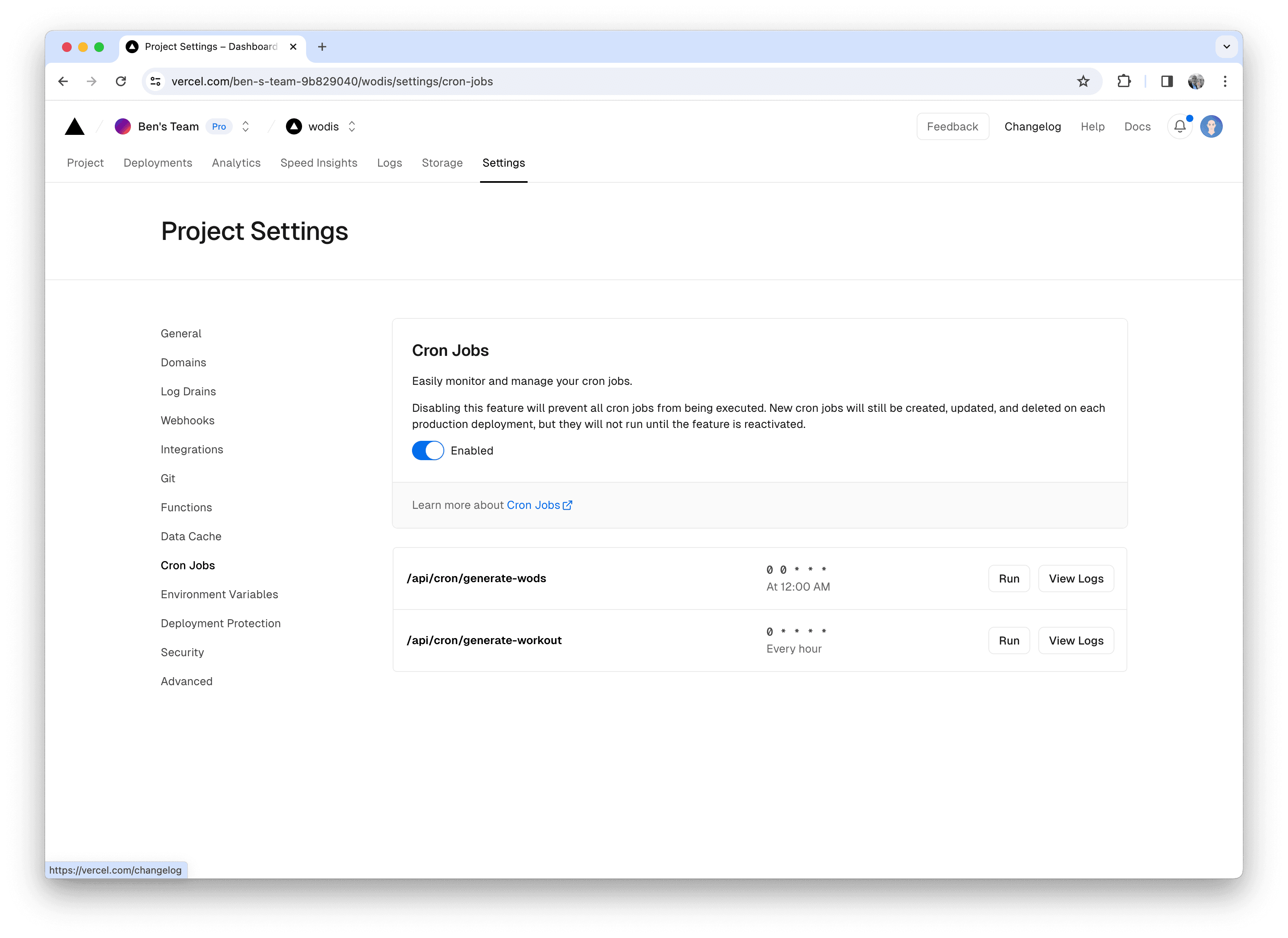 Wod.is Vercel Project Settings Cron Jobs